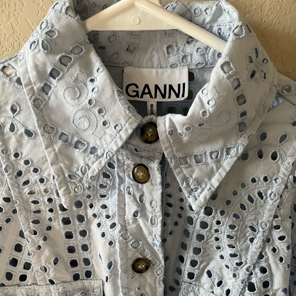 Ganni Women’s Blue Balloon-Sleeve Broderie Anglaise Mini Shirt Dress 100% Cotton - Picture 5 of 16